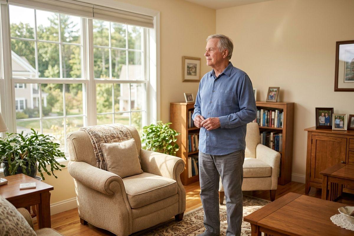 An older adult in a blue shirt standing in a sunlit living room, looking out a large window near armchairs and a bookshelf in their new home in memory care.