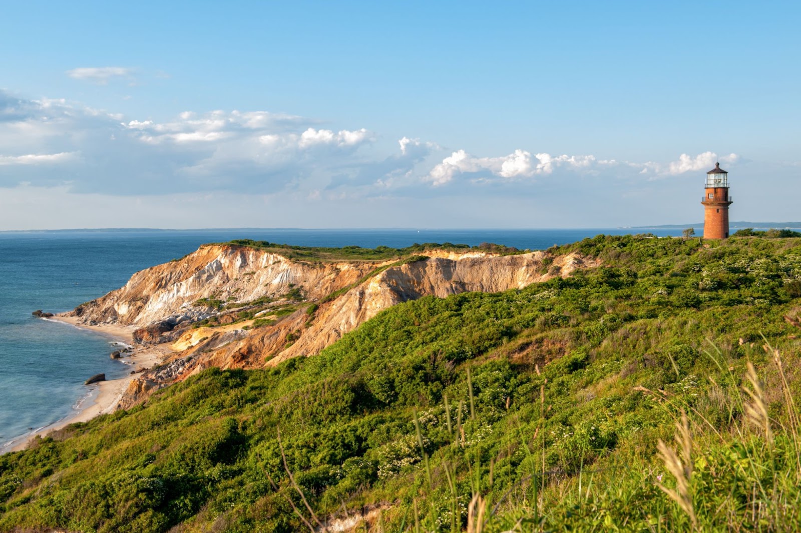 A picturesque scene looking out at the ocean and a lighthouse from Martha's Vineyard.